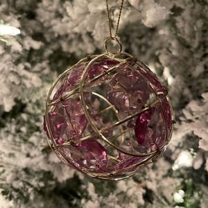 Vintage Gold Wire Bauble Ornament With Light Pink Faux Crystal‎ Beads 3inch
